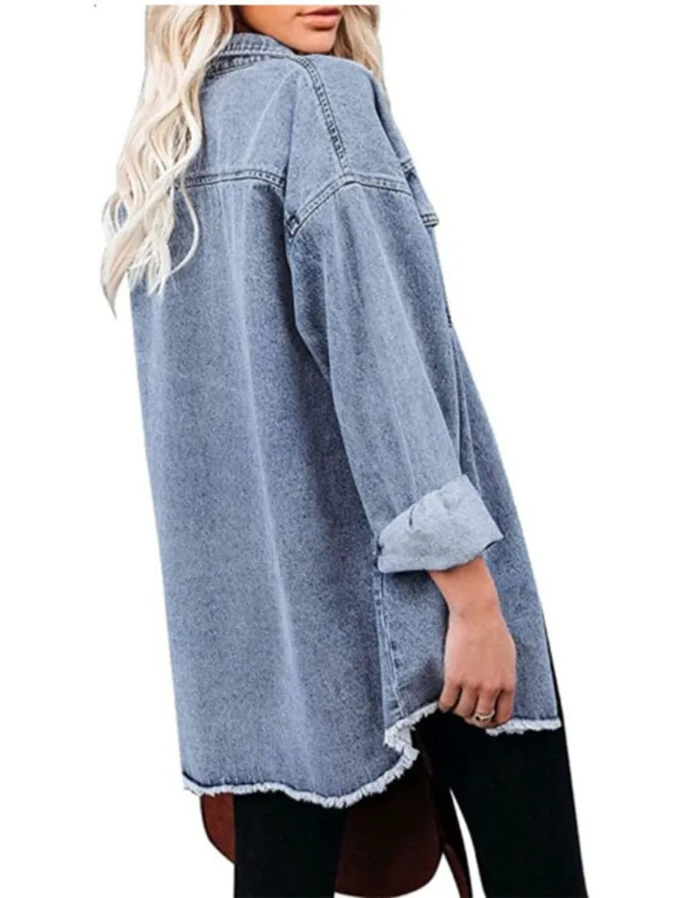 xakxx Jean Jacket for Women  Spring Autumn Lapel Solid Single-breasted Commuter Casual Denim Jackets Coats for Woman Clothing Tops