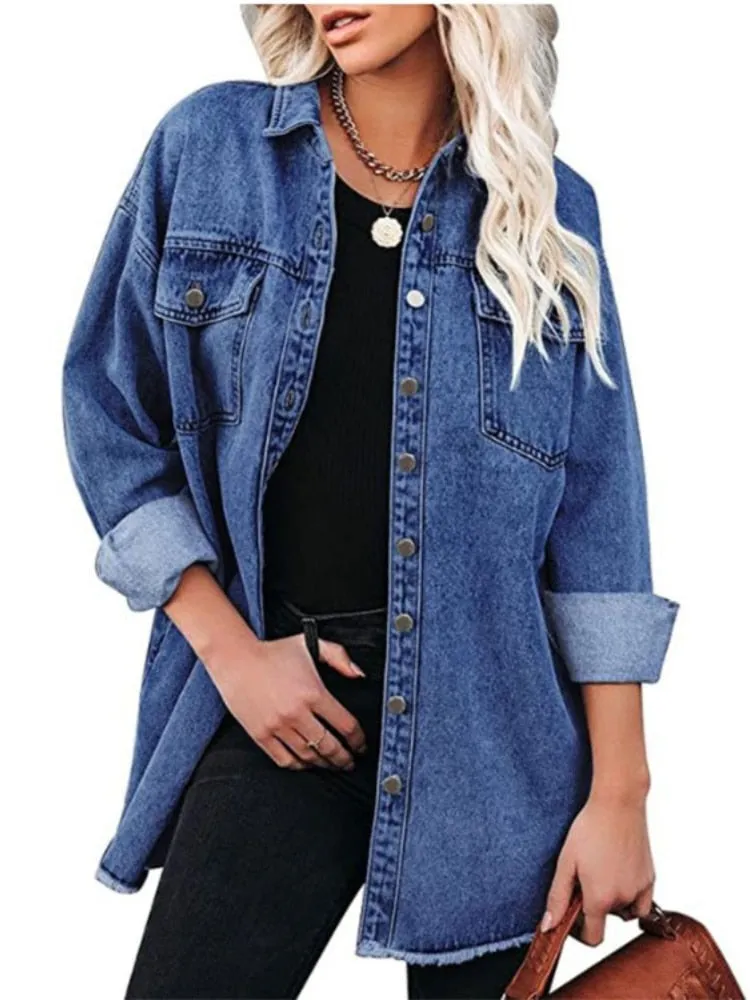 xakxx Jean Jacket for Women  Spring Autumn Lapel Solid Single-breasted Commuter Casual Denim Jackets Coats for Woman Clothing Tops