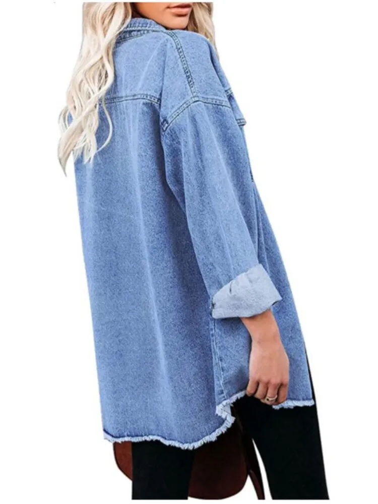 xakxx Jean Jacket for Women  Spring Autumn Lapel Solid Single-breasted Commuter Casual Denim Jackets Coats for Woman Clothing Tops