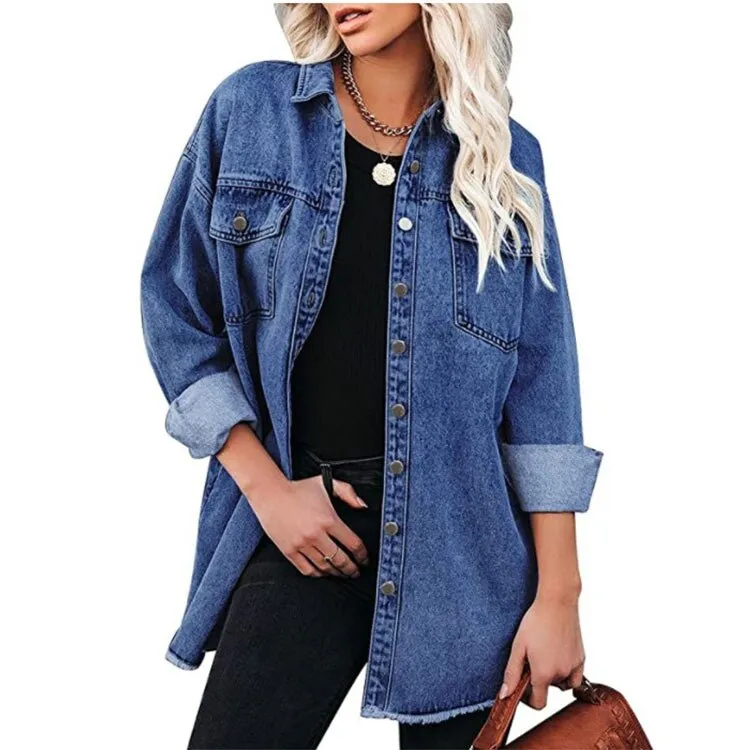 xakxx Jean Jacket for Women  Spring Autumn Lapel Solid Single-breasted Commuter Casual Denim Jackets Coats for Woman Clothing Tops