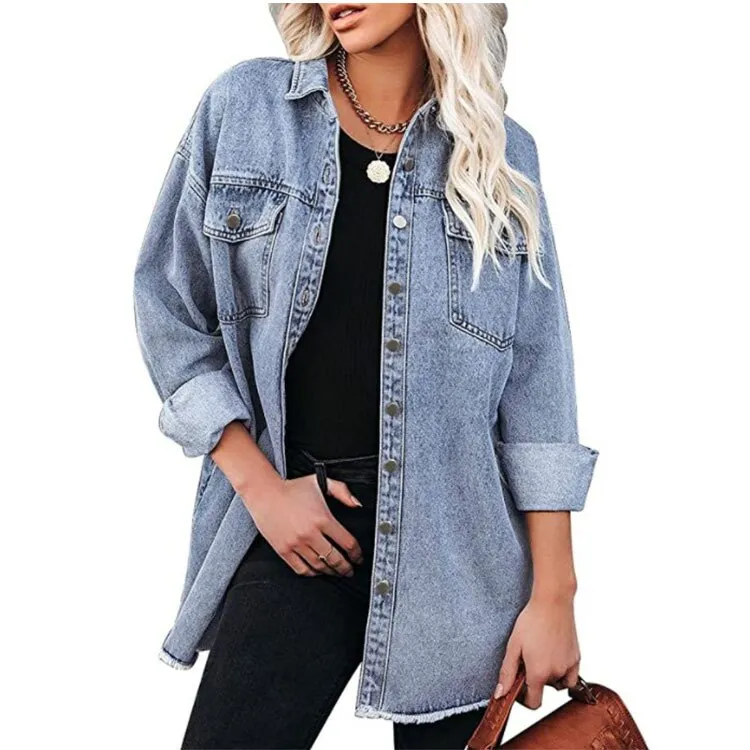 xakxx Jean Jacket for Women  Spring Autumn Lapel Solid Single-breasted Commuter Casual Denim Jackets Coats for Woman Clothing Tops
