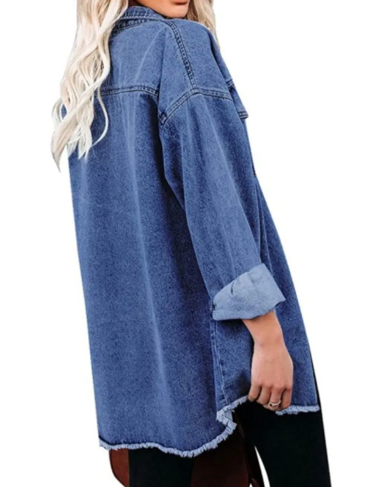 xakxx Jean Jacket for Women  Spring Autumn Lapel Solid Single-breasted Commuter Casual Denim Jackets Coats for Woman Clothing Tops