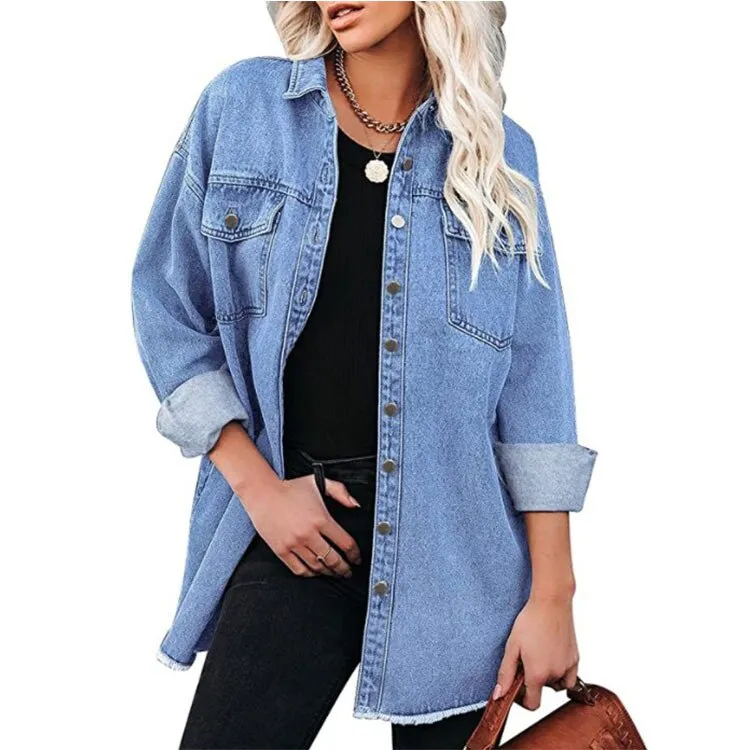 xakxx Jean Jacket for Women  Spring Autumn Lapel Solid Single-breasted Commuter Casual Denim Jackets Coats for Woman Clothing Tops