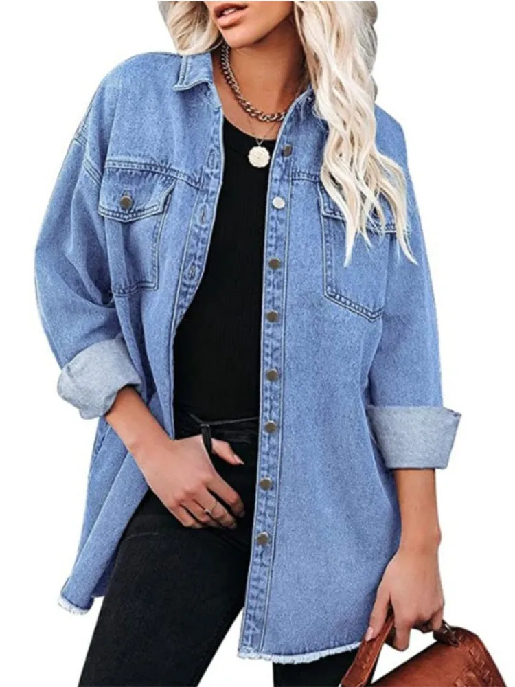 xakxx Jean Jacket for Women  Spring Autumn Lapel Solid Single-breasted Commuter Casual Denim Jackets Coats for Woman Clothing Tops