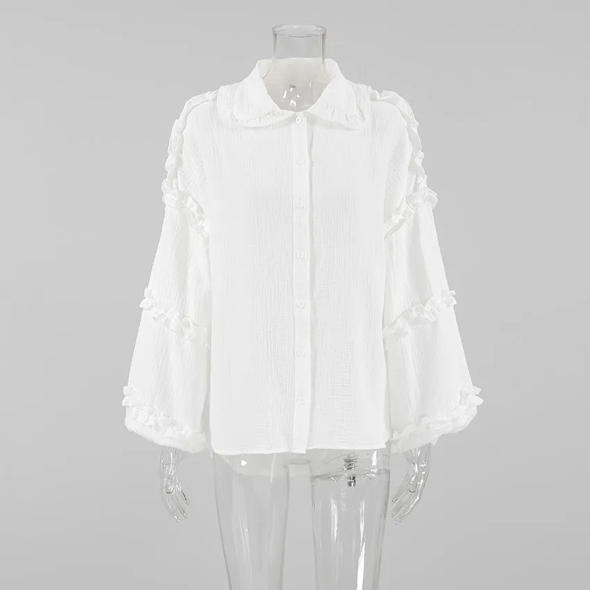 XAKXX Spring and summer fashion casual pure cotton white loose lapel lantern sleeve commuter shirt women's  design shirt