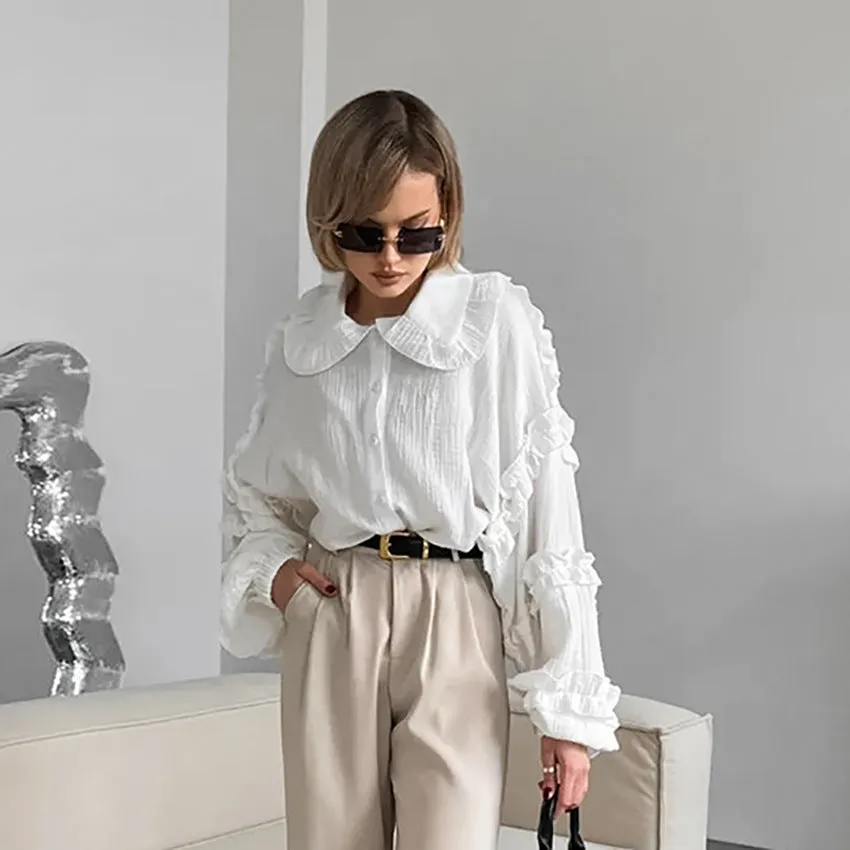 XAKXX Spring and summer fashion casual pure cotton white loose lapel lantern sleeve commuter shirt women's  design shirt