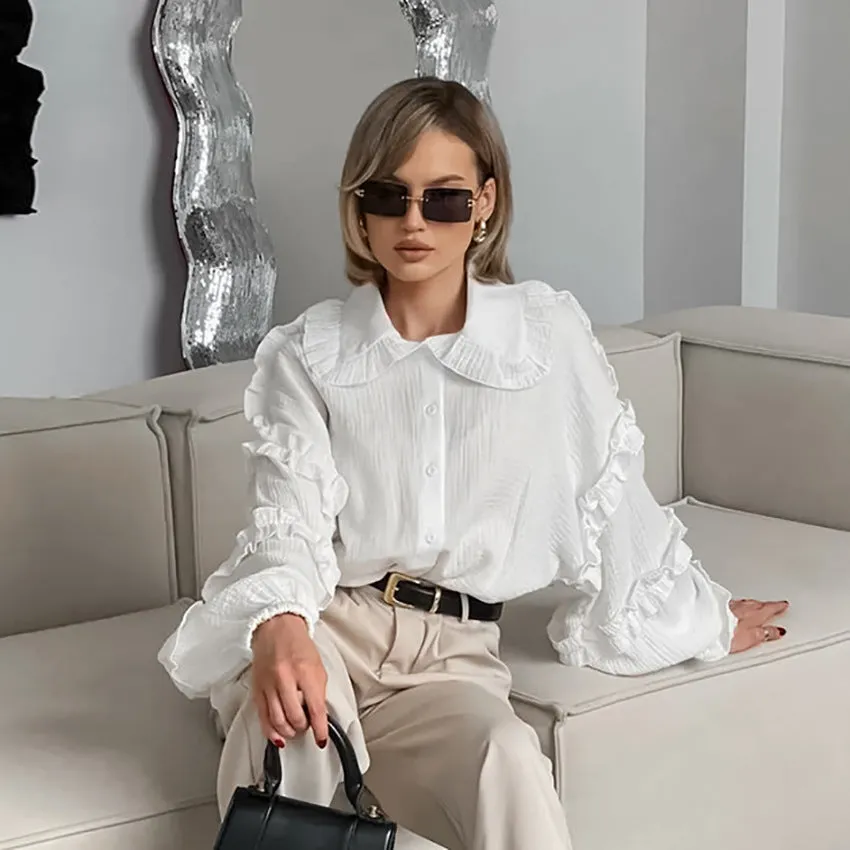 XAKXX Spring and summer fashion casual pure cotton white loose lapel lantern sleeve commuter shirt women's  design shirt