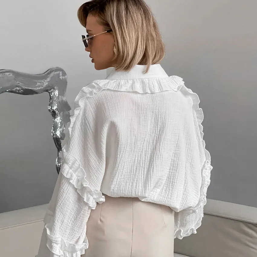 XAKXX Spring and summer fashion casual pure cotton white loose lapel lantern sleeve commuter shirt women's  design shirt