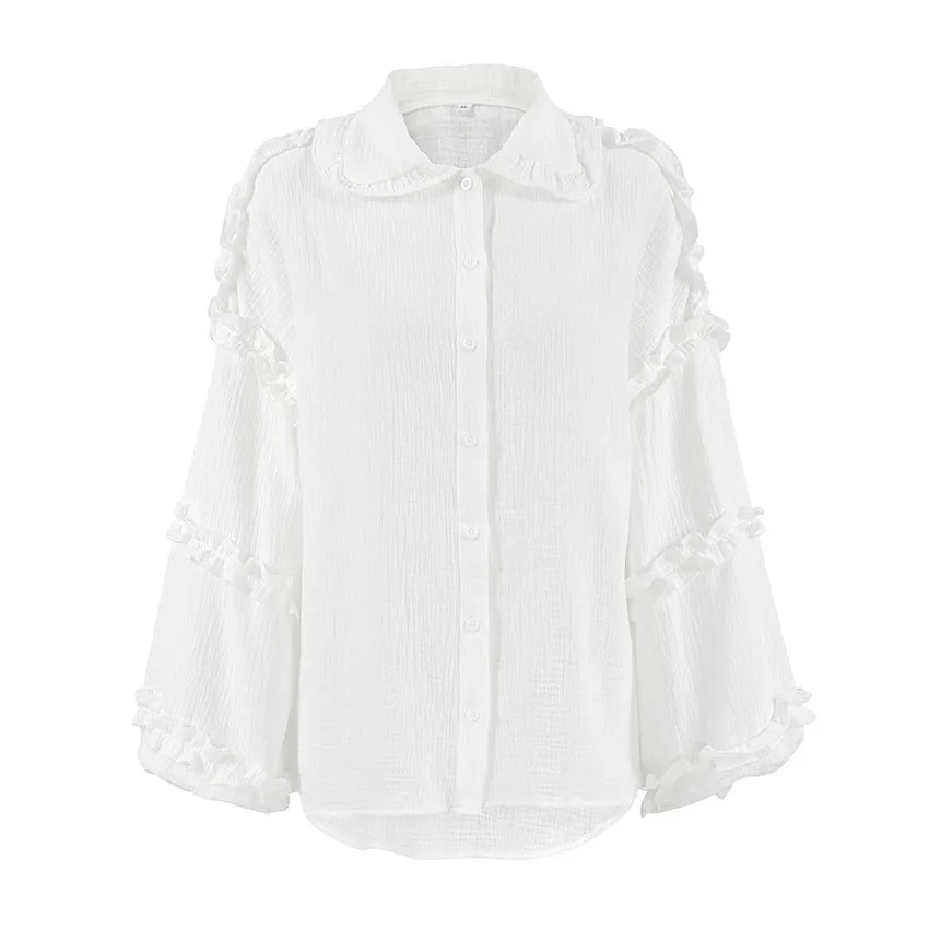 XAKXX Spring and summer fashion casual pure cotton white loose lapel lantern sleeve commuter shirt women's  design shirt