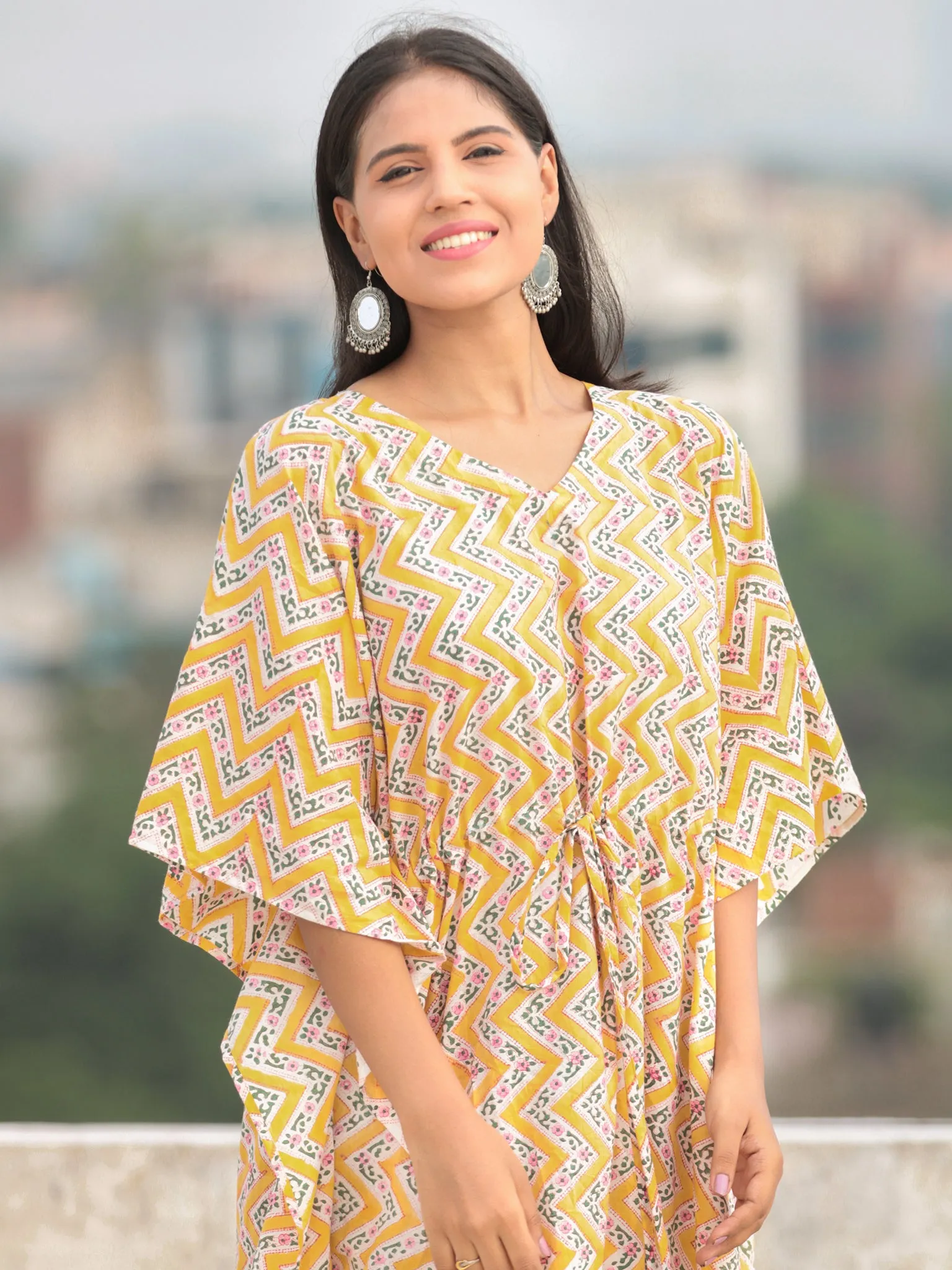 Yellow Green Pink Hand Block Printed Kaftan - K005F2301