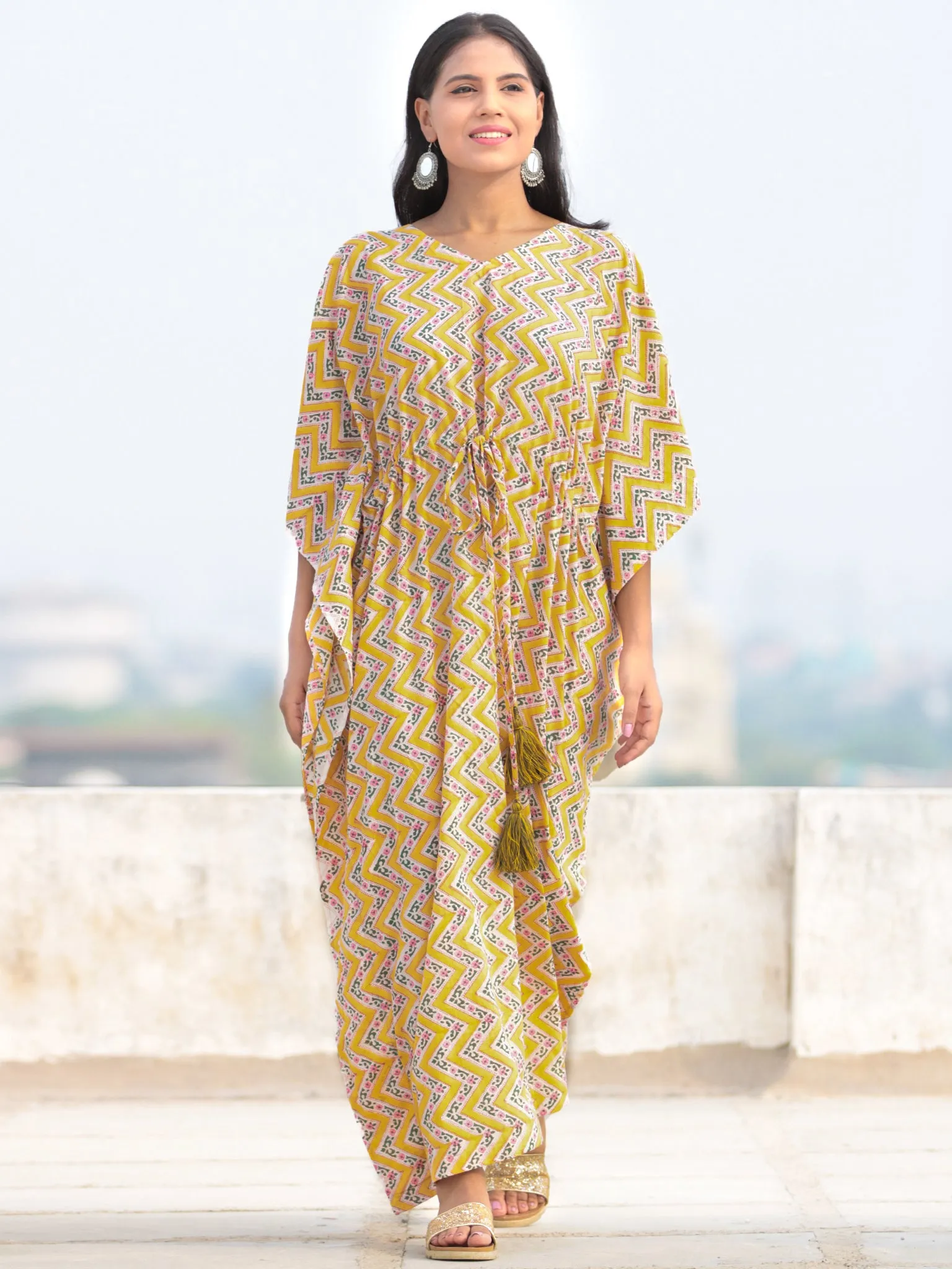 Yellow Green Pink Hand Block Printed Kaftan - K005F2301