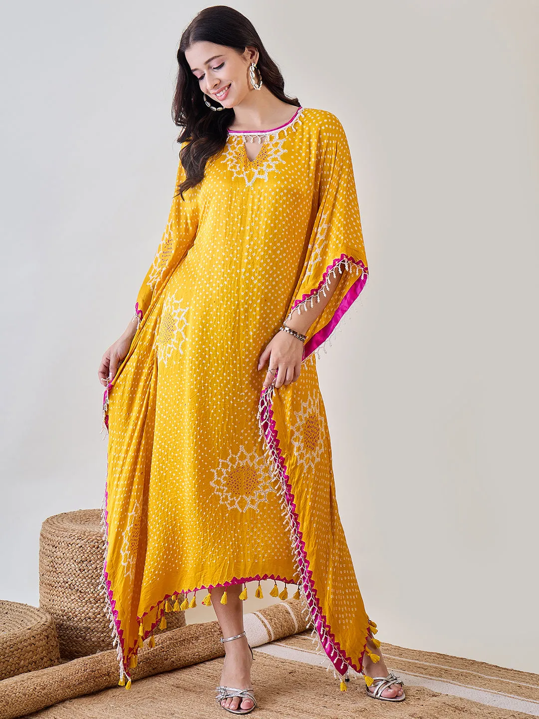 Yellow Pure Silk Bandhani Kaftan with Pearl Lace