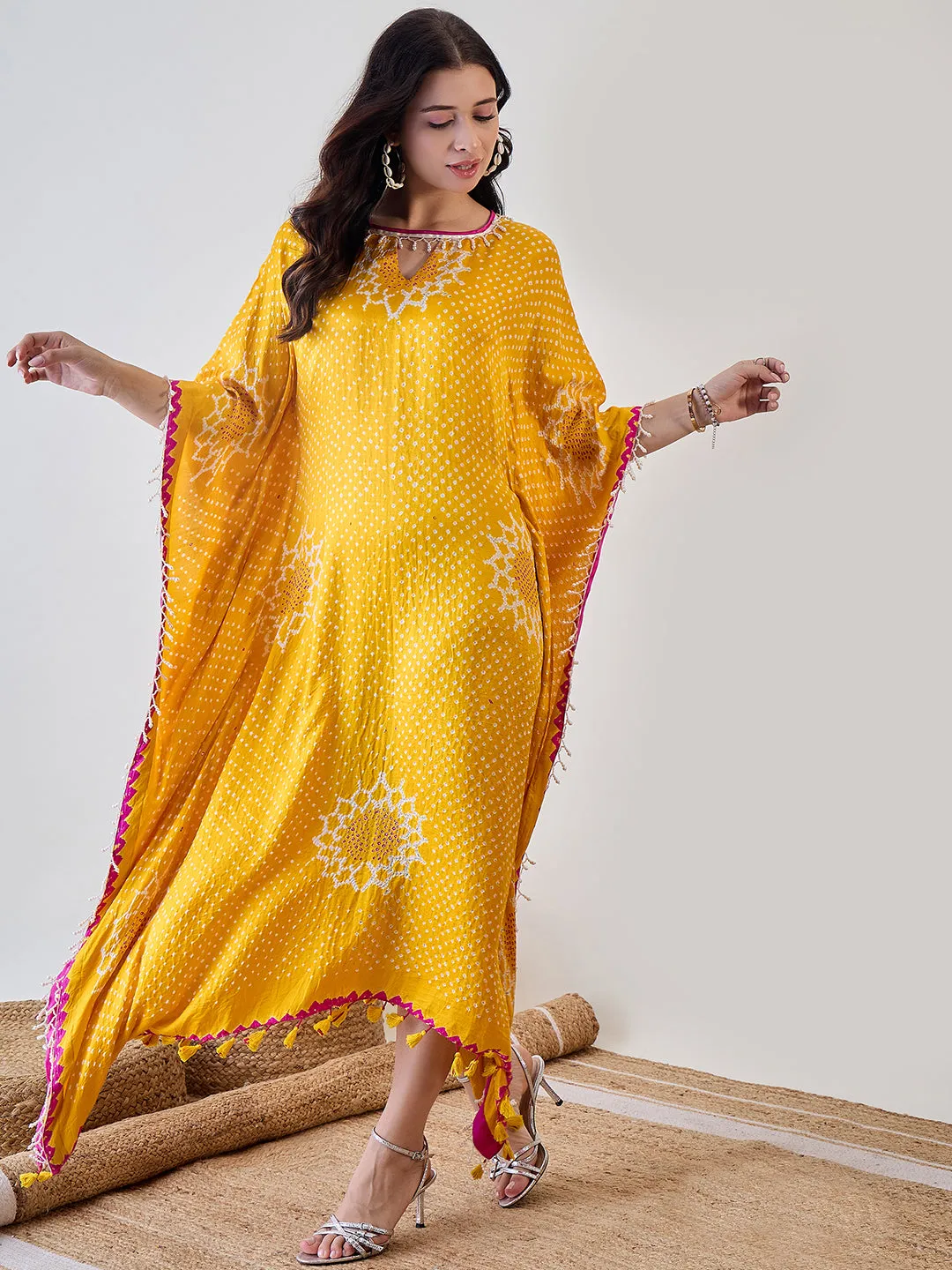 Yellow Pure Silk Bandhani Kaftan with Pearl Lace