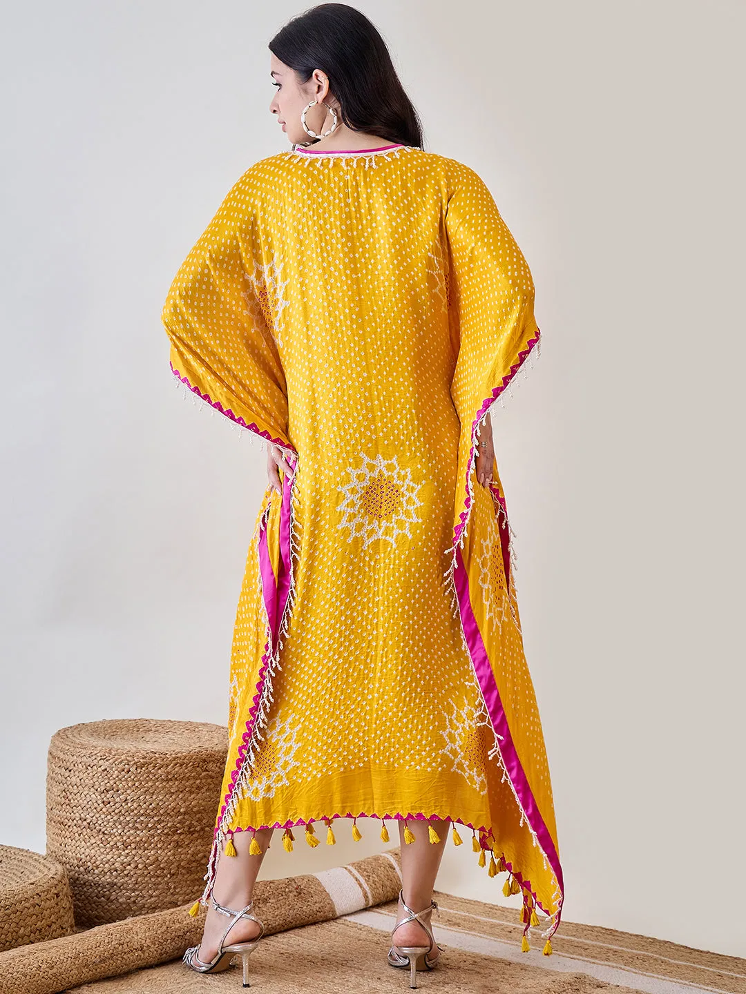 Yellow Pure Silk Bandhani Kaftan with Pearl Lace