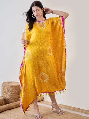 Yellow Pure Silk Bandhani Kaftan with Pearl Lace