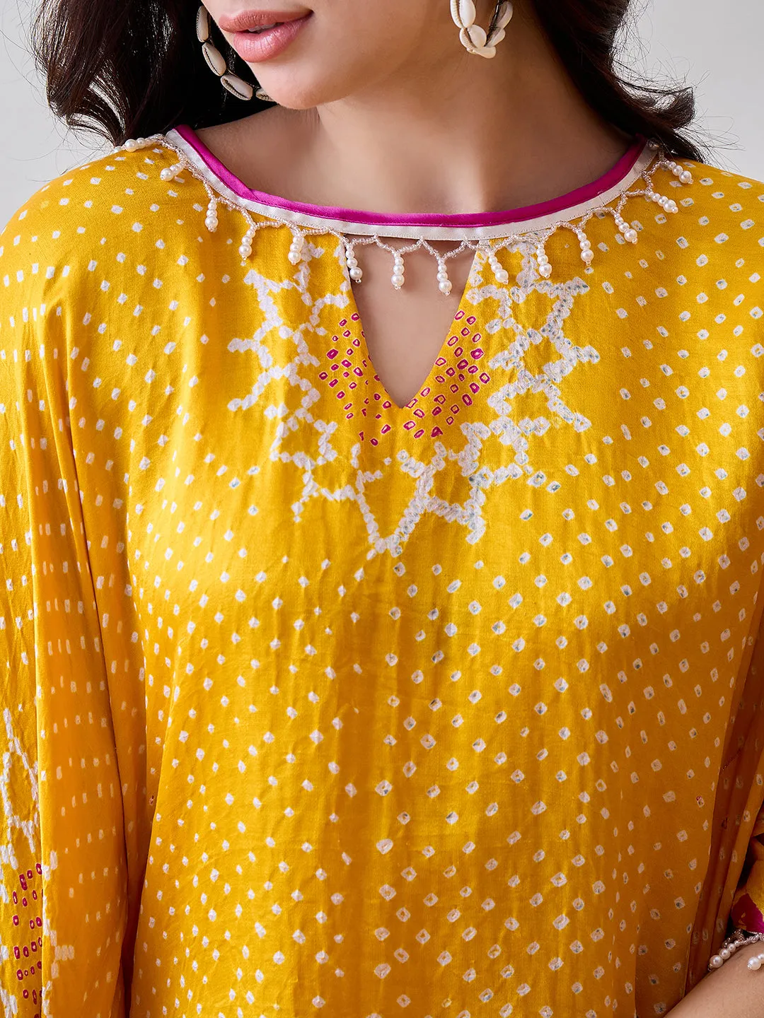 Yellow Pure Silk Bandhani Kaftan with Pearl Lace