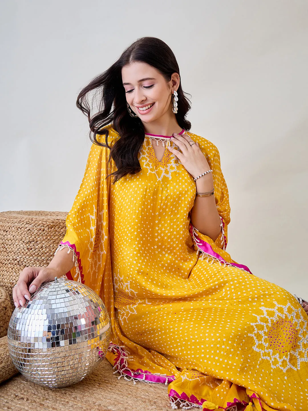 Yellow Pure Silk Bandhani Kaftan with Pearl Lace
